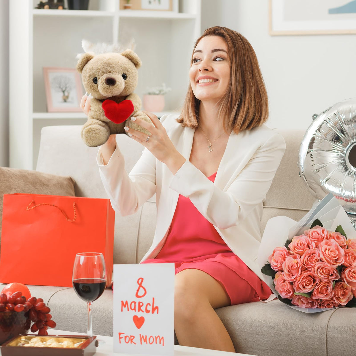 QIGEEKU Teddybär mit Herz – Plüsch Teddy Kuscheltier Hellbraun, Perfekt als Liebesgeschenk
