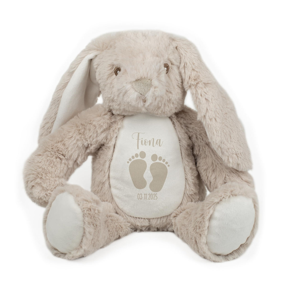 Personalisierter Kuschelhase mit Name & Geburtsdatum – Plüschtier Baby Geschenk 23 cm Beige