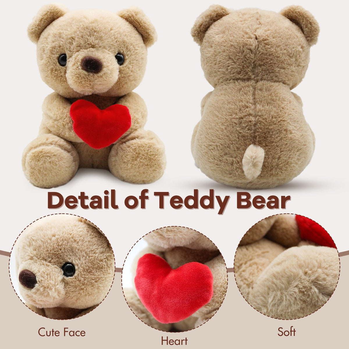 QIGEEKU Teddybär mit Herz – Plüsch Teddy Kuscheltier Hellbraun, Perfekt als Liebesgeschenk