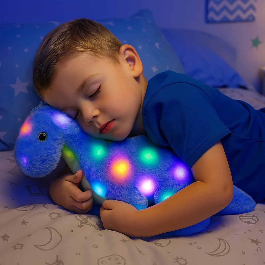 Hopearl LED Musical Plüsch Dinosaurier Leuchtet Singendes Diplodocus Weiches Plüschtier mit Langem Hals Lautstärkeregulierung Schlaflied Animierte Beruhigung Geschenke für Kinder Kleinkinder,Blau,41cm