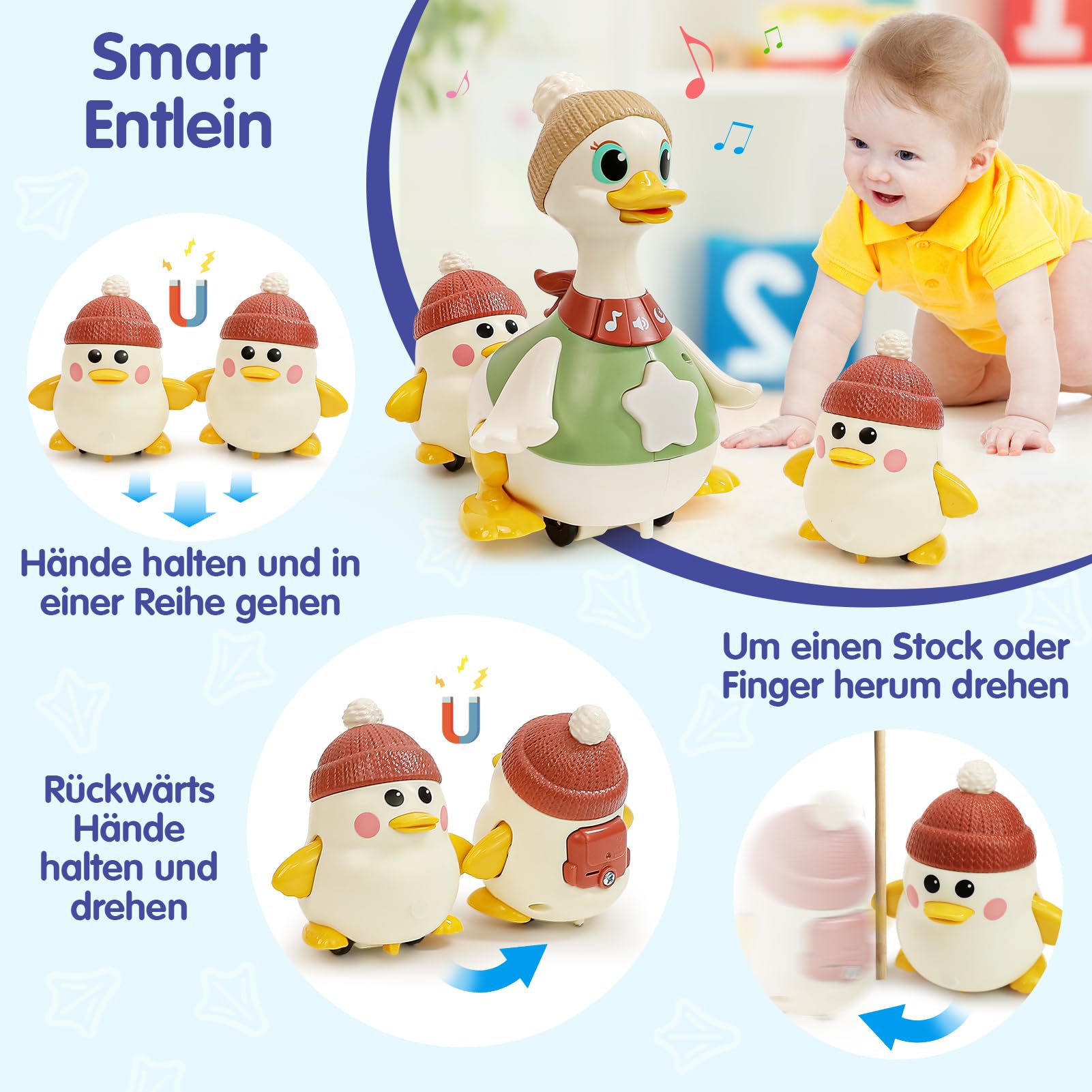 HOLA Baby Spielzeug 6-8-9-12 Monate, Dancing Duck Familie Spielzeug, Krabbelspielzeug mit Licht & Musik, Interaktives Babyspielzeug ab 6 8 9 12 Monate, Tummy Time Toys ab 1 Jahr Jungen Mädchen