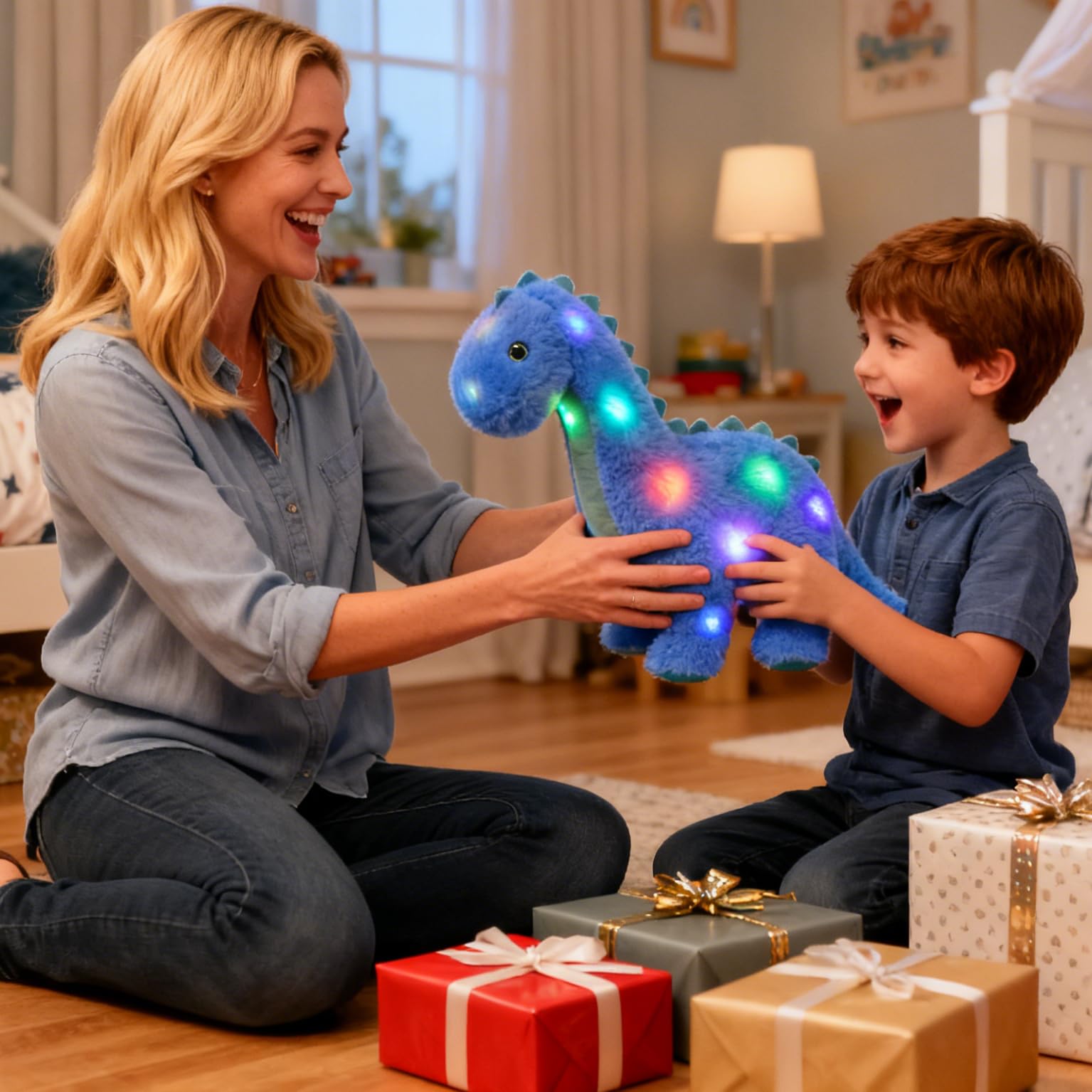 Hopearl LED Musical Plüsch Dinosaurier Leuchtet Singendes Diplodocus Weiches Plüschtier mit Langem Hals Lautstärkeregulierung Schlaflied Animierte Beruhigung Geschenke für Kinder Kleinkinder,Blau,41cm