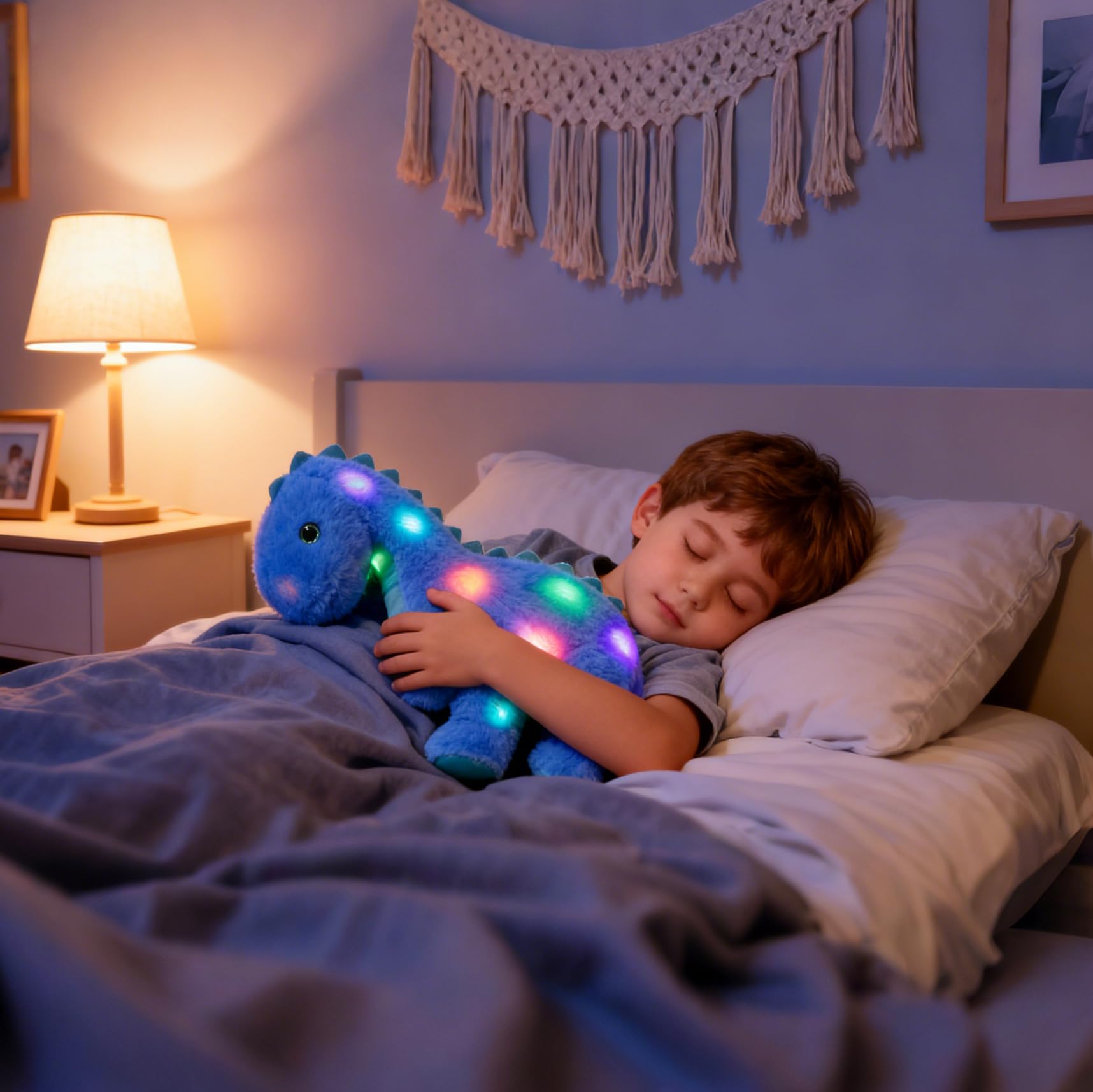 Hopearl LED Musical Plüsch Dinosaurier Leuchtet Singendes Diplodocus Weiches Plüschtier mit Langem Hals Lautstärkeregulierung Schlaflied Animierte Beruhigung Geschenke für Kinder Kleinkinder,Blau,41cm