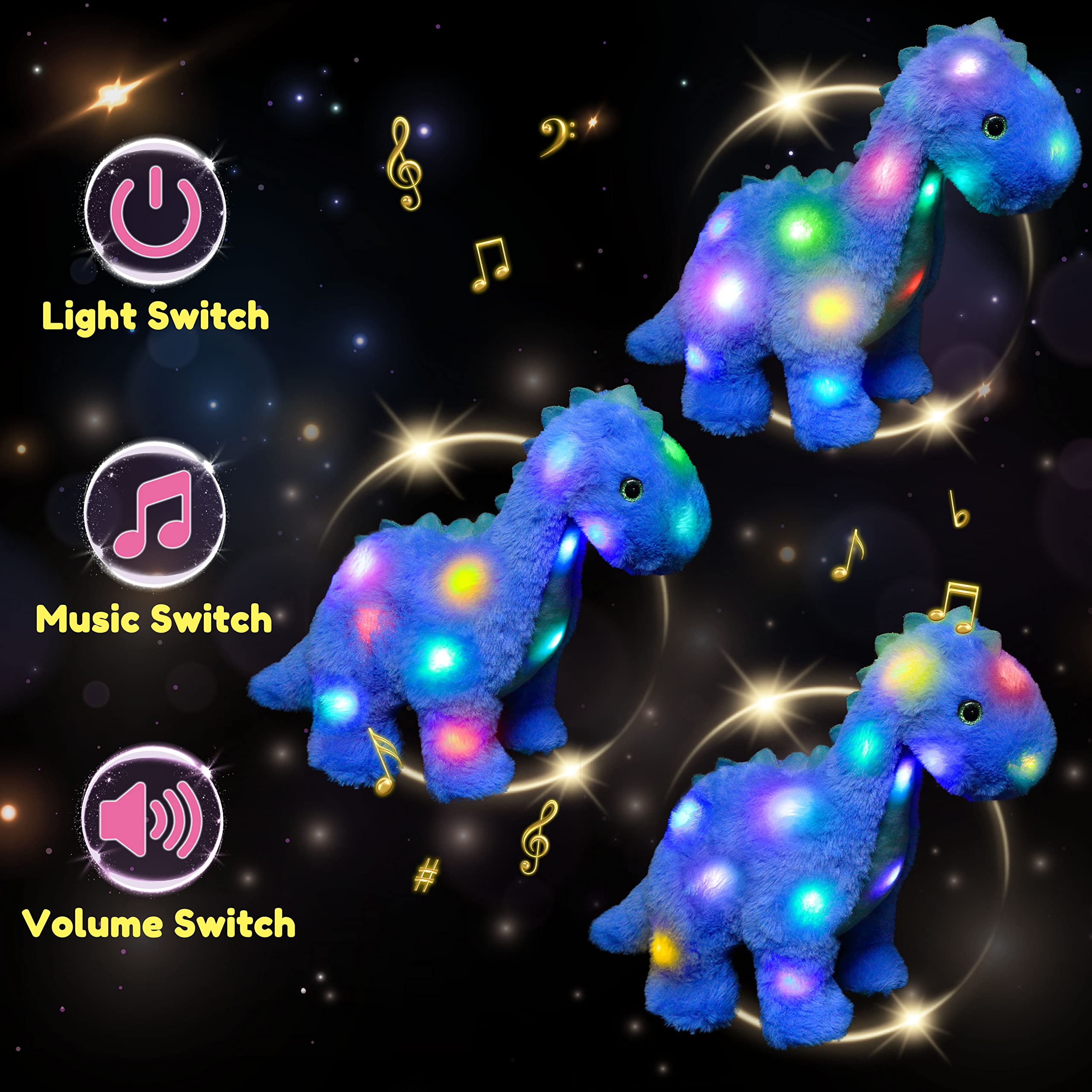 Hopearl LED Musical Plüsch Dinosaurier Leuchtet Singendes Diplodocus Weiches Plüschtier mit Langem Hals Lautstärkeregulierung Schlaflied Animierte Beruhigung Geschenke für Kinder Kleinkinder,Blau,41cm