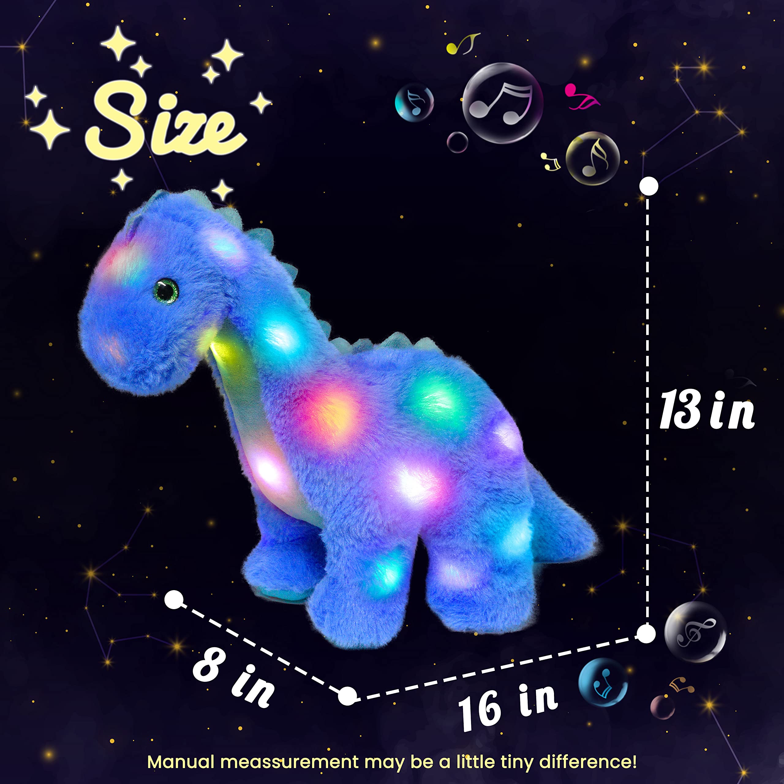 Hopearl LED Musical Plüsch Dinosaurier Leuchtet Singendes Diplodocus Weiches Plüschtier mit Langem Hals Lautstärkeregulierung Schlaflied Animierte Beruhigung Geschenke für Kinder Kleinkinder,Blau,41cm