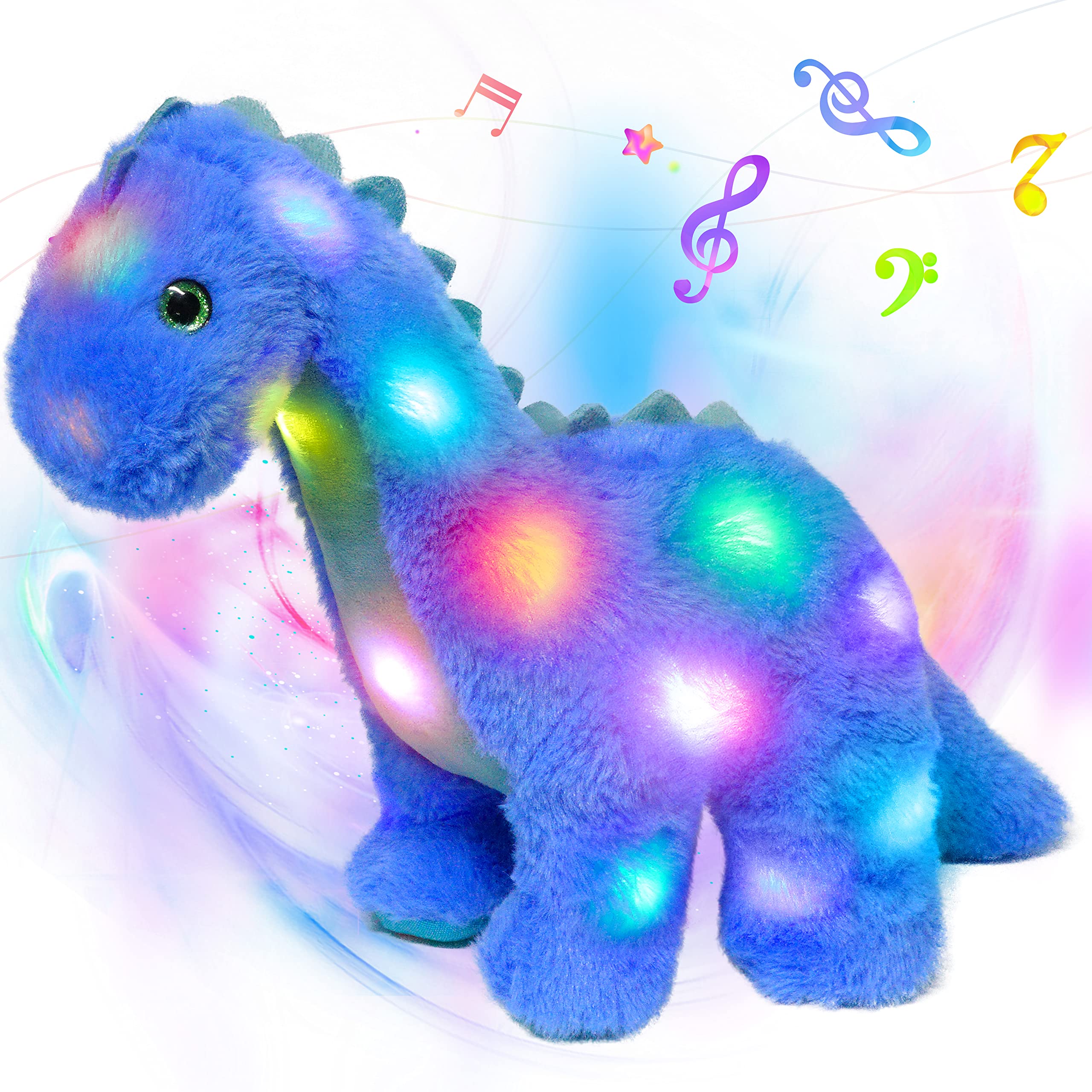 Hopearl LED Musical Plüsch Dinosaurier Leuchtet Singendes Diplodocus Weiches Plüschtier mit Langem Hals Lautstärkeregulierung Schlaflied Animierte Beruhigung Geschenke für Kinder Kleinkinder,Blau,41cm