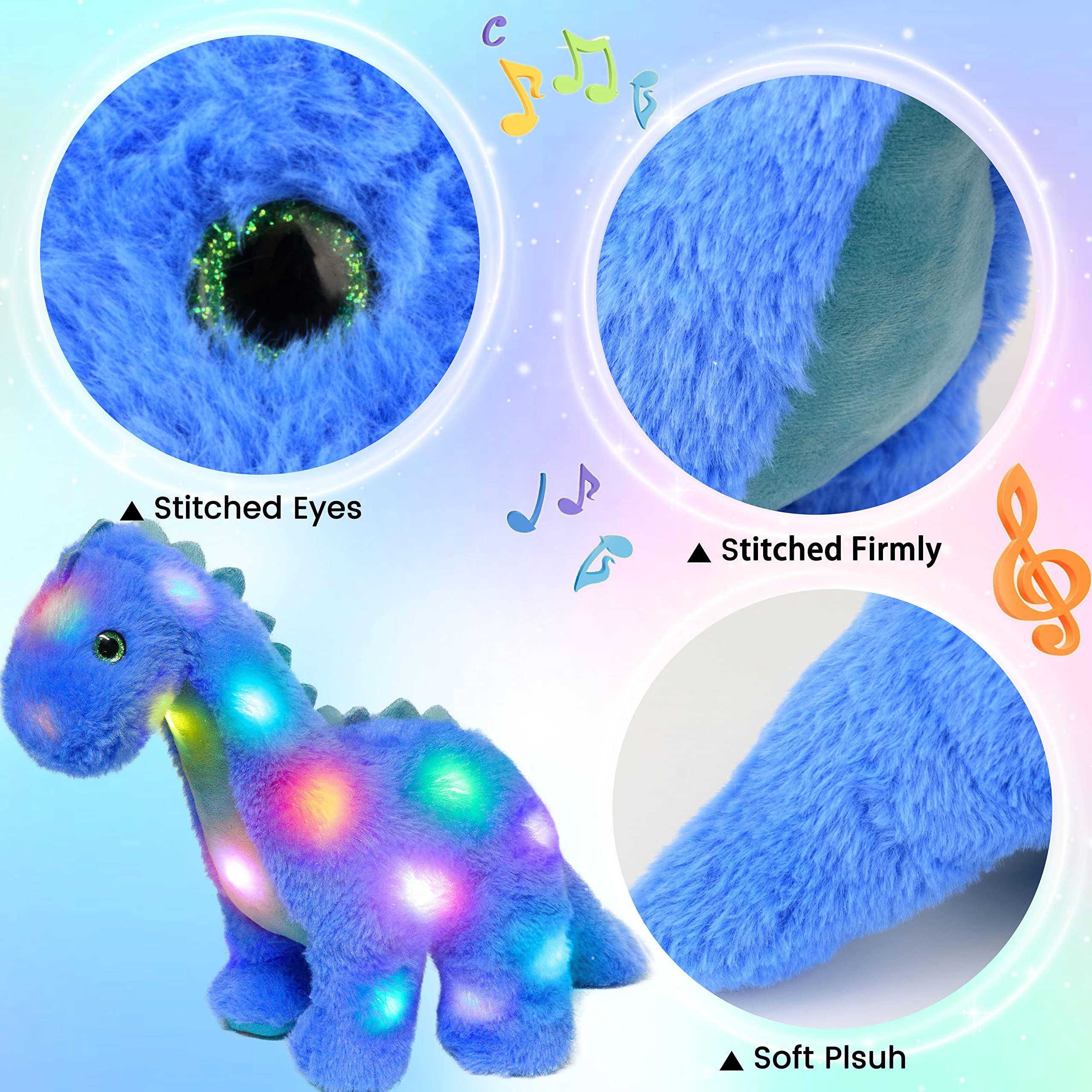 Hopearl LED Musical Plüsch Dinosaurier Leuchtet Singendes Diplodocus Weiches Plüschtier mit Langem Hals Lautstärkeregulierung Schlaflied Animierte Beruhigung Geschenke für Kinder Kleinkinder,Blau,41cm